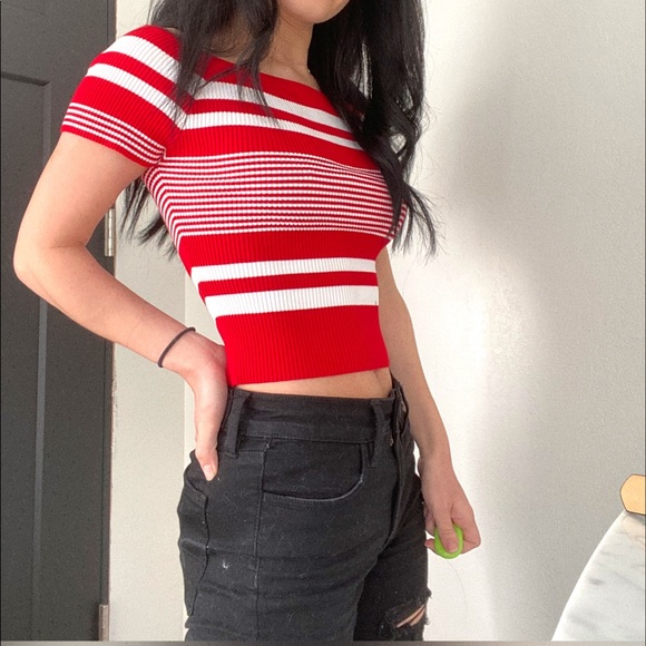 Red and white striped off the shoulder crop top - Picture 1 of 4